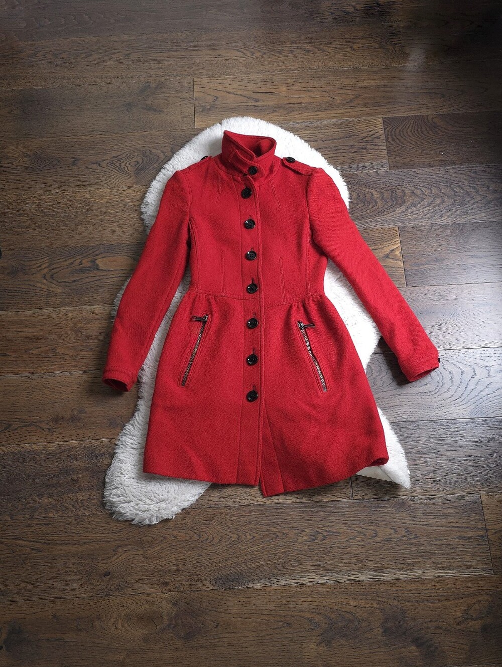 Burberry Cherry Red Funnel Neck Wool Pea Coat
